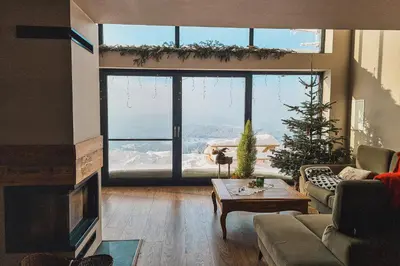 a living room with a fireplace and a christmas tree at Reset Kudłacze in Pcim