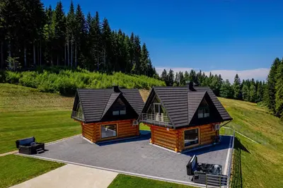 an overhead view of two log homes on a hill at Kompleks Gazdówka - Domki Rabka-Zdrój in Ponice