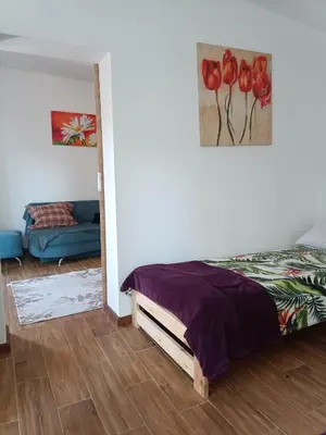 a bedroom with a bed and a couch in a room at Viking Rożnów in Rożnów