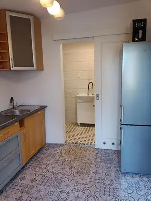 a kitchen with a refrigerator and a sink at Viking Rożnów in Rożnów