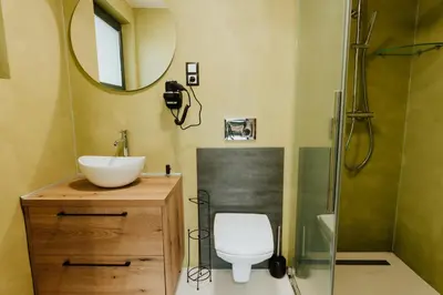 a bathroom with a toilet and a sink and a mirror at Skava Apartments Zator Energylandia in Wadowice