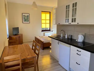 a bathroom with a shower and a sink and a toilet at Apartamenty Przy Parku in Rabka