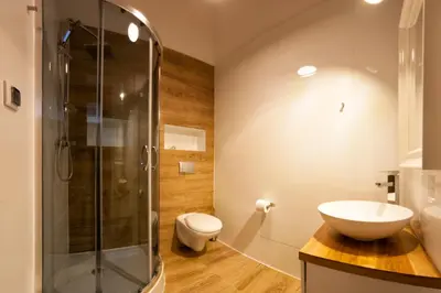 a bathroom with a shower and a toilet and a sink at Kasia&Lukasz Apartments in Kraków