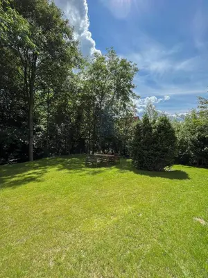 a park with a picnic table in the grass at Apartament Ptasi Śpiew in Rabka