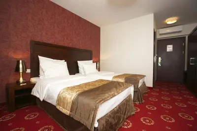 a hotel room with two beds and a red carpet at Hotel Columbus in Kraków