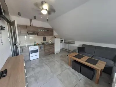 a living room with a couch and a table and a kitchen at Mieszkanie A Łowiczki in Zator