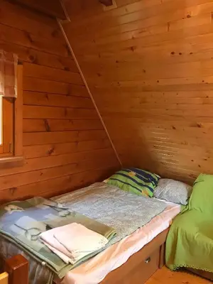 a room with a bed in a wooden cabin at Domek letniskowy Biedówka in Limanowa