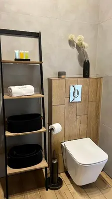 a bathroom with a toilet and a shelf with towels at Chill & Fun 22 by Housine in Zator