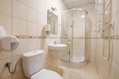 a bathroom with a toilet and a shower and a sink at Golden Lion Guest Rooms Szewska 19 in Kraków