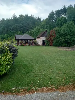 a large yard with a pavilion and a building at Agroturystyka Leśna Ostoja Borek in Golczowice