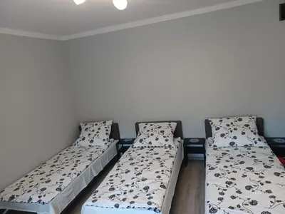 two beds sitting in a room with a wall at Agroturystyka Leśna Ostoja Borek in Golczowice