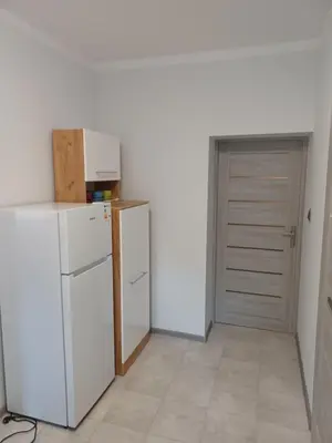 a kitchen with a white refrigerator and a door at Agroturystyka Leśna Ostoja Borek in Golczowice