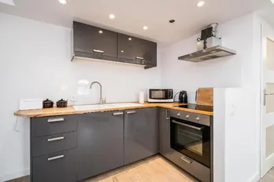 a kitchen with gray cabinets and a sink and a microwave at Urban Nest Apartments Bon 11 in Kraków
