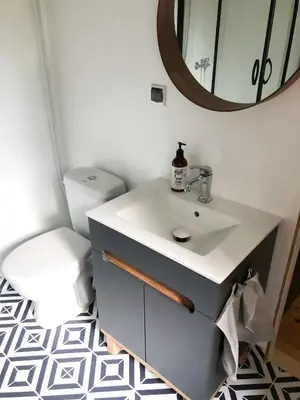 a bathroom with a sink and a mirror and a toilet at Domek Pod Lasem in Trzciana