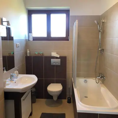 a bathroom with a sink and a toilet and a tub at Agroturystyka Zagroda Miłkowskie in Słopnice