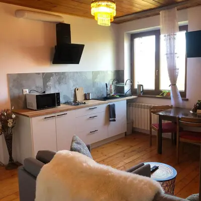a kitchen and living room with a couch and a table at Agroturystyka Zagroda Miłkowskie in Słopnice
