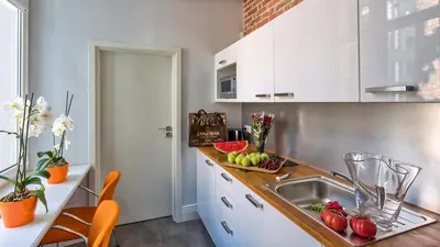 a kitchen with a sink with fruits and vegetables on the counter at Cracowdays in Kraków