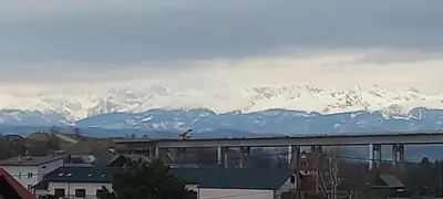 a bird sitting on top of a building with snow covered mountains at Apartament Wierchy in Klikuszowa