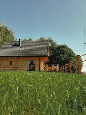 a log cabin in a field of grass at Babiogórska Chata - dom z bali z jacuzzi i sauną in Zawoja
