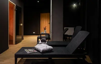 a dog laying on a cushion on a chair in a room at Hotel Convictus Cracovia for business & travellers in Kraków