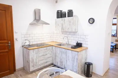 a kitchen with a sink and a counter top at Apartamenty Stacja Kasina in Kasina Wielka
