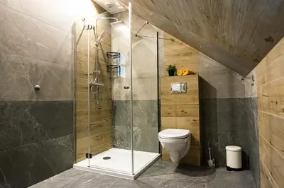 a bathroom with a shower and a toilet at Pokoje Gościnne Biały Bizon in Rabka