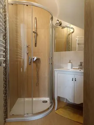 a bathroom with a shower and a sink at Dom Dobre Miejsce in Zawoja