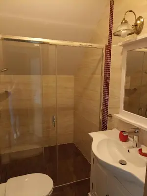 a bathroom with a shower and a toilet and a sink at Dom Dobre Miejsce in Zawoja