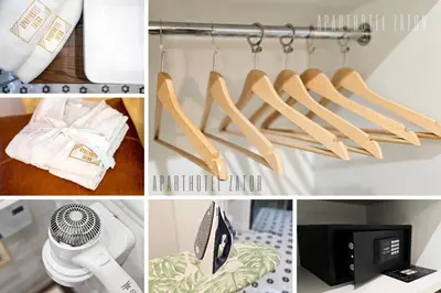 a collage of pictures of kitchen utensils on a rack at Aparthotel ZATOR Retro 66 jacuzzi in Zator