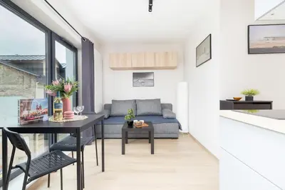 a living room with a couch and a table at Cozy Studio Apartments Sauna & AC Kraków by Noclegi Renters in Kraków