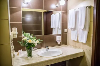 a bathroom with a sink and a vase of flowers at Hotel Novum & Spa in Niepołomice