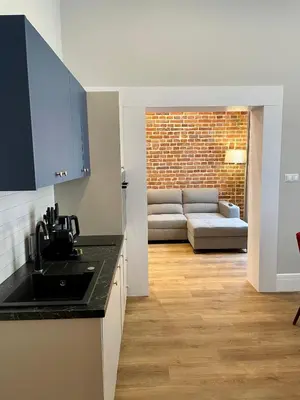 a kitchen with a sink and a couch in a room at Golden Queen Apartments City Center in Kraków