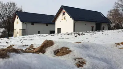 a building on top of a snow covered hill at Winnica NOVI - apartamenty in Cianowice Duże