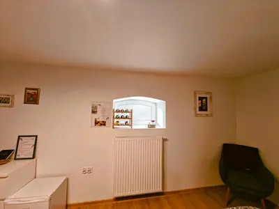 a room with a chair and a window and a radiator at Winnica NOVI - apartamenty in Cianowice Duże