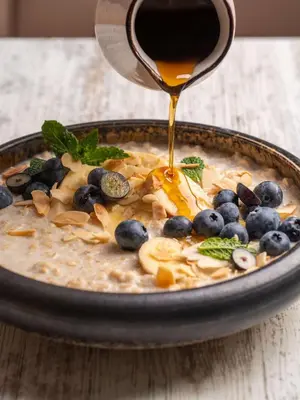 a bowl of oatmeal with blueberries and peanut sauce at Radisson Blu Hotel Krakow in Kraków
