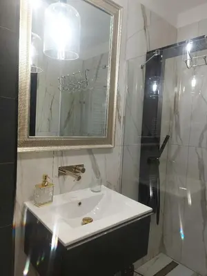 a bathroom with a sink and a mirror and a shower at Doris Day Apartment in Kraków