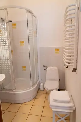 a bathroom with a shower and a toilet and a sink at Kolory Guest House in Kraków