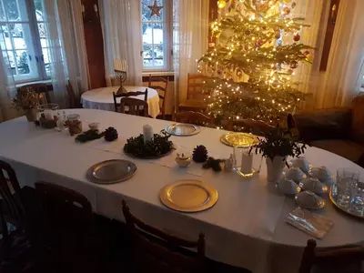 a table with a christmas tree in a living room at Willa Marysin in Maków Podhalański