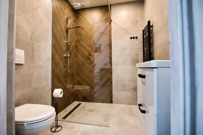 a bathroom with a toilet and a shower at HOUSE OF ENERGY - Zator Przeciszów in Przeciszów