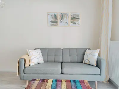 a gray couch in a living room with a rug at Przytulny apartament z ogródkiem in Kraków