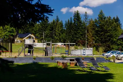a park with a playground with a picnic table and chairs at Domki Pod Lasem MM in Rabka
