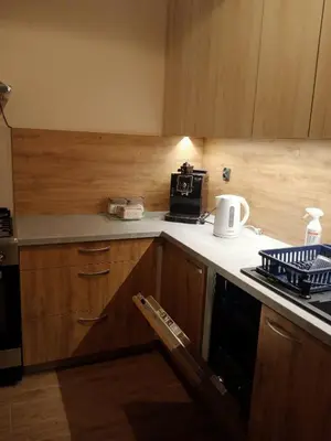 a kitchen with wooden cabinets and a stove top oven at Uroczy Apartament 3 in Kraków