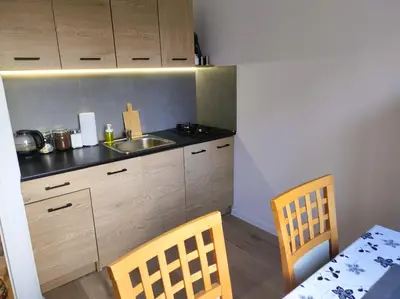 a kitchen with a sink and a table and chairs at Apartament 88 in Kraków