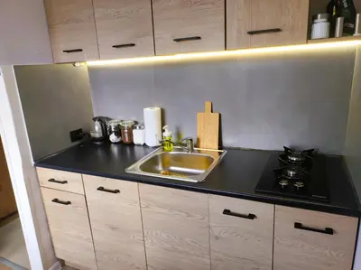 a kitchen counter with a sink and a stove at Apartament 88 in Kraków