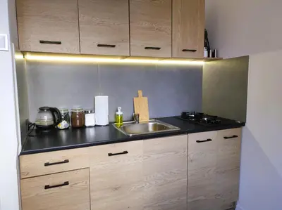 a kitchen with a sink and wooden cabinets at Apartament 88 in Kraków