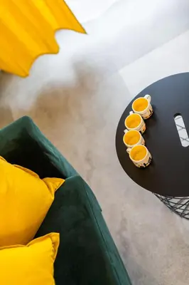 a black tray with orange slices on it next to a couch at Vintage Rakowicka Apartment in Kraków
