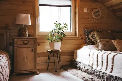a bedroom with a bed and a plant on a stool at Ojcowski Zakątek-domek z balią oraz drewniany domek do wynajęcia in Wola Kalinowska