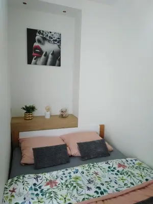 a bed with two pillows and a picture on the wall at Apartament Premium 72 in Zator