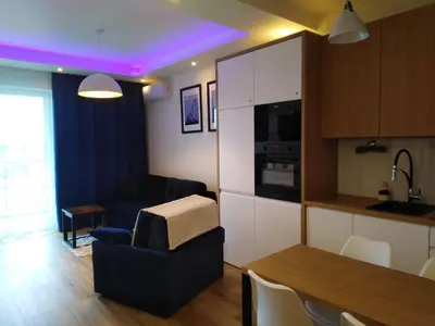a kitchen and living room with a couch and a table at Apartament Premium 72 in Zator