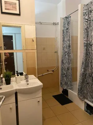 a bathroom with a sink and a shower at Cracow Old Town Rooms in Kraków